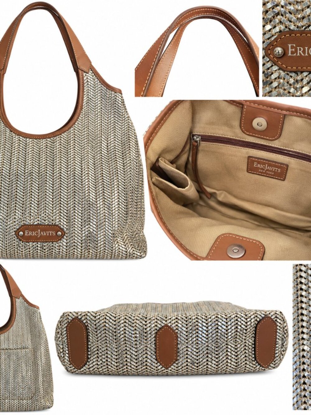 Eric Javits Metallic Silver Woven Leather Handbag Exterior Pocket